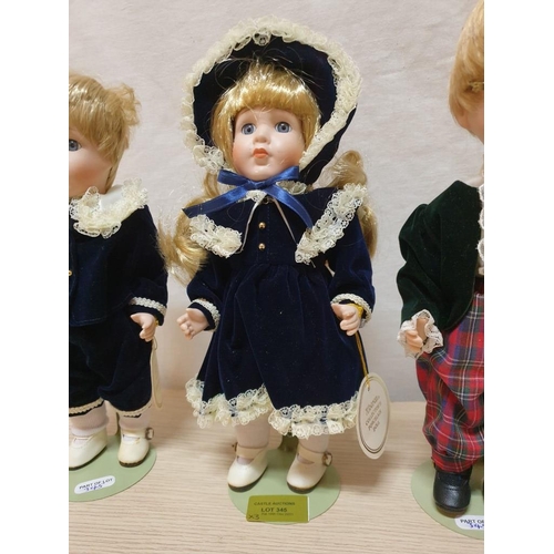 831 - 3 x Porcelain Dolls, 2 x Boys and 1 x Girl in Victorian Dress, Approx 28cm by Alberon Dolls, London ... 