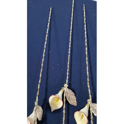 112 - 3 x 'Via Veneto' Flower Ornaments; Long Stem Twisted White Metal with Ceramic Lilly Flowers (Approx.... 