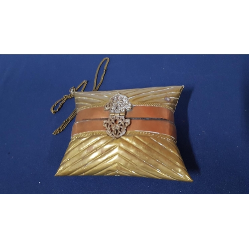 114 - Vintage Brass / Copper Blue Velvet Purse (Chinese Evening Purse/ Pillow Burse) (A/F)