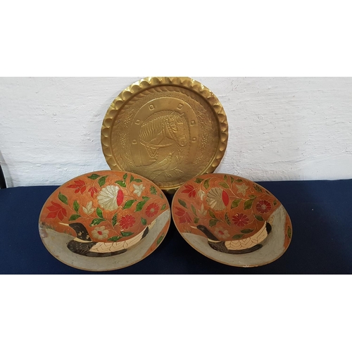 426 - Brass Decorative Bowls on Leg with Enameled Pattern (Ø24.5cm x H:7.5cm) and Brass Tray with Horse Pa... 