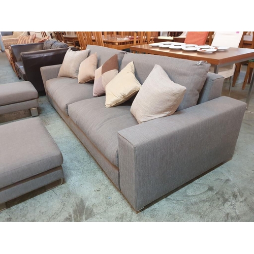 454 - Vibieffe Grey Fabric Modern, 3 - Seat Sofa with 2 x Matching Foot Stools / Puffes Over Stainless Ste... 