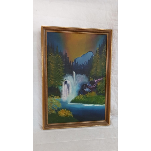 202 - Vintage Oil on Board, Mountain / Forest Scene with Water Fall