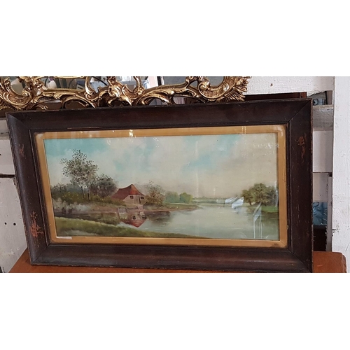 212 - Antique Landscape Oil Painting House / Lake Scene