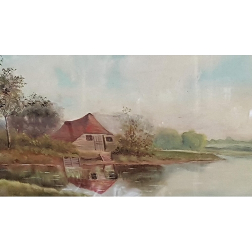 212 - Antique Landscape Oil Painting House / Lake Scene