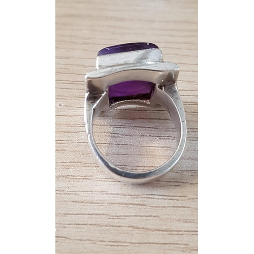 220 - .925 Hallmarked Solid Silver Ring with Large Rectangular Amethyst Stone, Total Weight 19.2grms