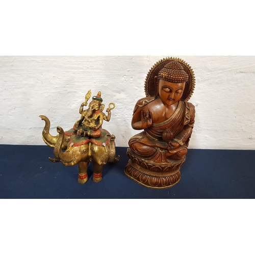 419 - Hindu Deities Metal Figurine (H:23cm and Wooden Figurine H:31cm)