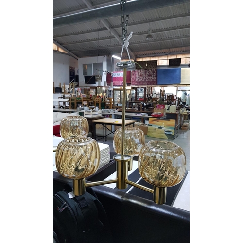 549 - Pair of Retro Hanging 3 - Arms Lights with Large Peach Luster Glass Lamp Shades (Brass Effect) *Work... 