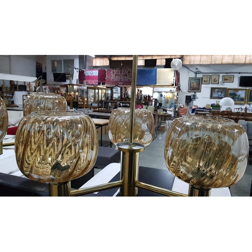 549 - Pair of Retro Hanging 3 - Arms Lights with Large Peach Luster Glass Lamp Shades (Brass Effect) *Work... 