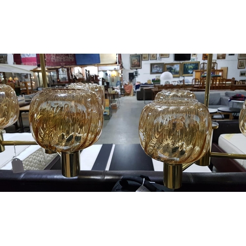 549 - Pair of Retro Hanging 3 - Arms Lights with Large Peach Luster Glass Lamp Shades (Brass Effect) *Work... 