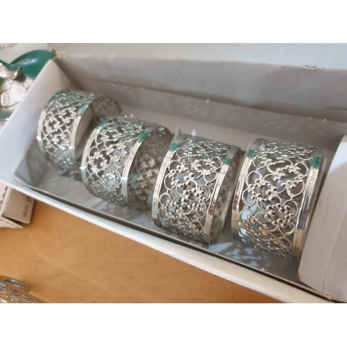 52 - Collection of Silver Plated Items; Set of 4 x Napkin Rings, 2 x Oval Mirrors, Bud Vase, 2 x Pots wit... 