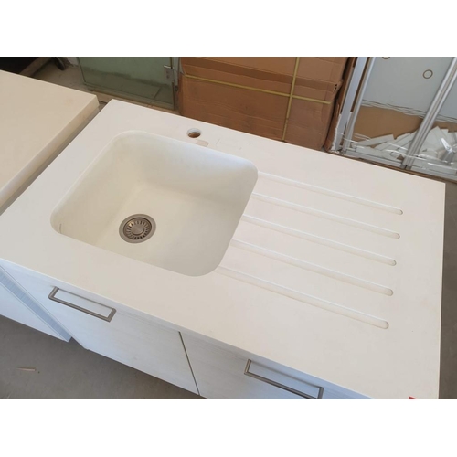 580 - Kitchen Unit; Double Cupboard in Light Wood Effect with White Colour Corian Worktop, Built in Sink a... 