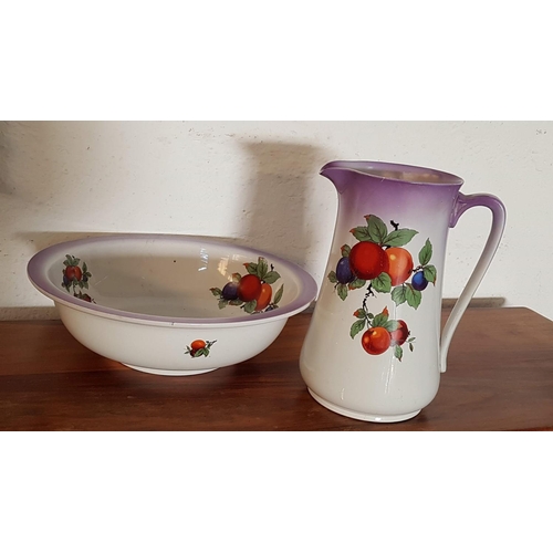 531 - Vintage Porcelain Wash Pitcher & Basin Set (Bowl Ø42cm, Jug H:32cm) (A/F) Fruit Pattern and Violet R... 