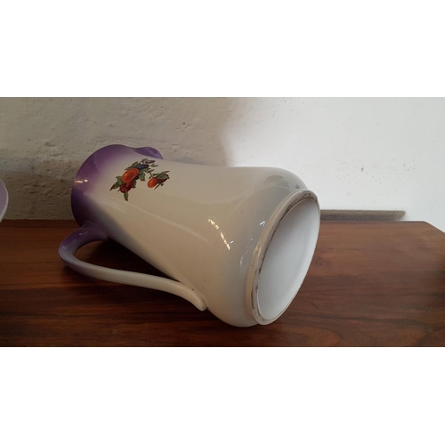 531 - Vintage Porcelain Wash Pitcher & Basin Set (Bowl Ø42cm, Jug H:32cm) (A/F) Fruit Pattern and Violet R... 
