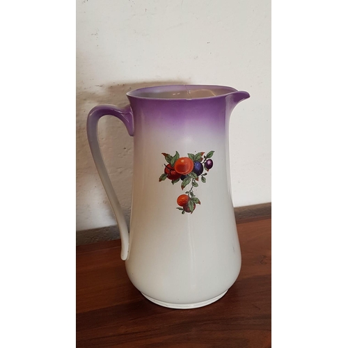531 - Vintage Porcelain Wash Pitcher & Basin Set (Bowl Ø42cm, Jug H:32cm) (A/F) Fruit Pattern and Violet R... 