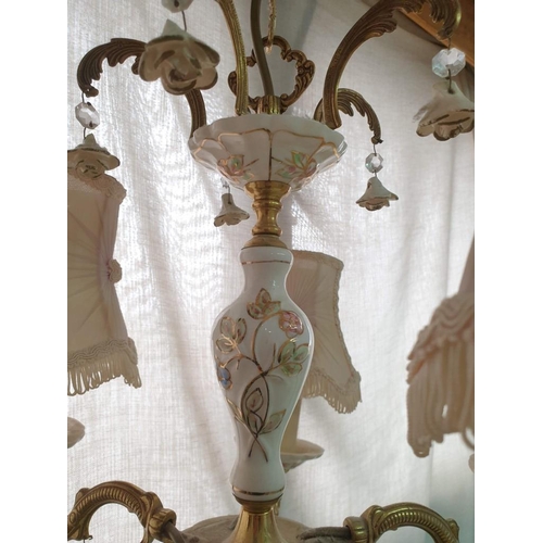 739 - Vintage Chandelier with Porcelain Stem / Centre and Brass 5 - Arm with Porcelain Cups, Candle Effect... 