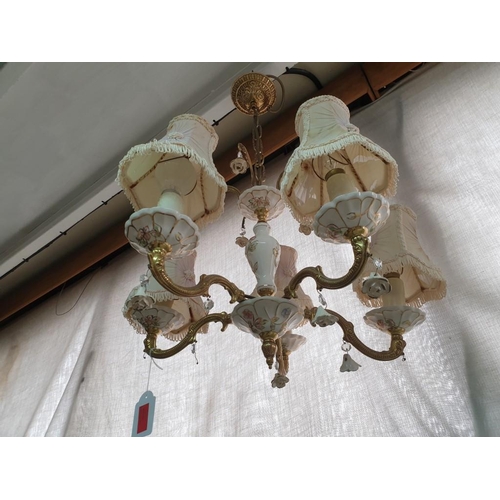 739 - Vintage Chandelier with Porcelain Stem / Centre and Brass 5 - Arm with Porcelain Cups, Candle Effect... 