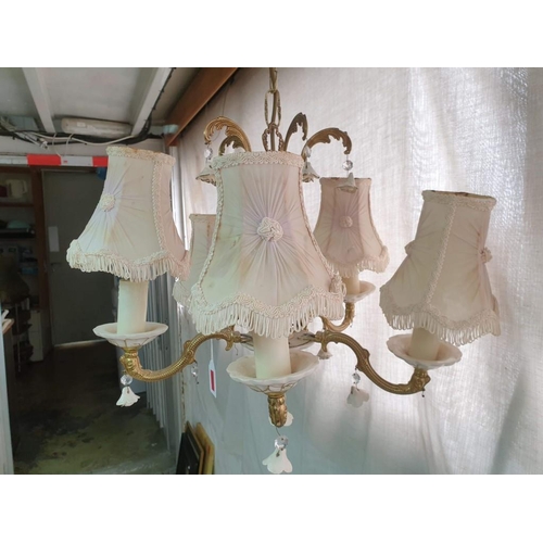 739 - Vintage Chandelier with Porcelain Stem / Centre and Brass 5 - Arm with Porcelain Cups, Candle Effect... 