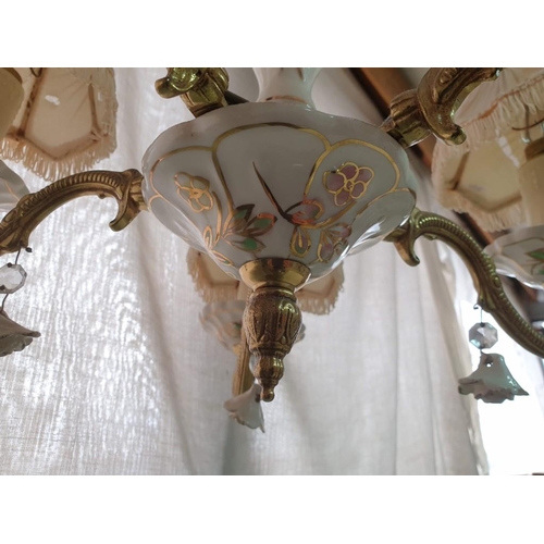 739 - Vintage Chandelier with Porcelain Stem / Centre and Brass 5 - Arm with Porcelain Cups, Candle Effect... 