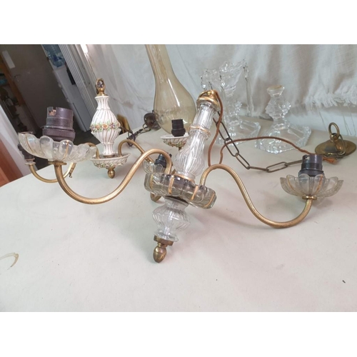 740 - 2 x Similar 3-Arm Vintage Hanging Lights one with Glass Decoration One with Porcelain (A/F), Togethe... 
