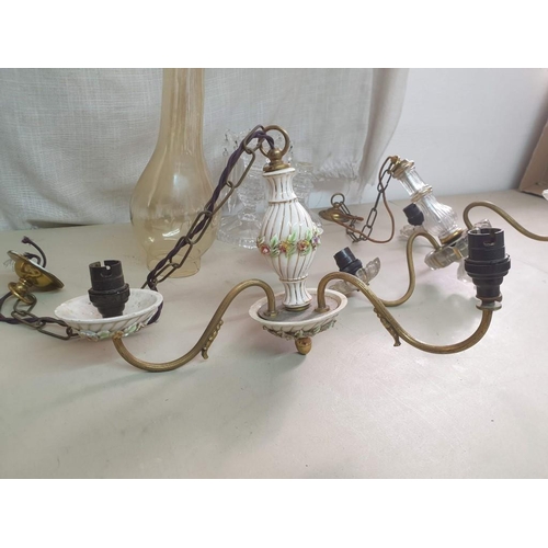 740 - 2 x Similar 3-Arm Vintage Hanging Lights one with Glass Decoration One with Porcelain (A/F), Togethe... 