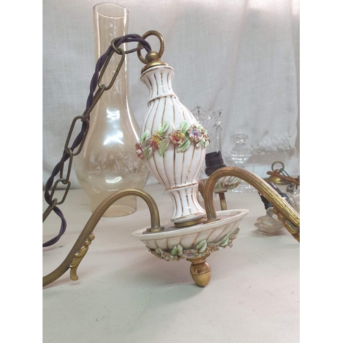 740 - 2 x Similar 3-Arm Vintage Hanging Lights one with Glass Decoration One with Porcelain (A/F), Togethe... 
