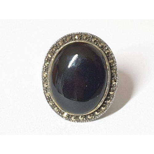 741 - Ornate .925 Silver Ring with Large Oval Shape Black Stone and Ring of Clear Stones, Total Weight 9.4... 
