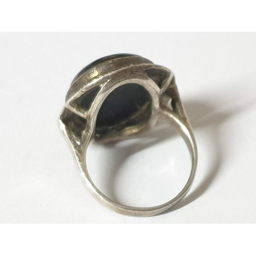 741 - Ornate .925 Silver Ring with Large Oval Shape Black Stone and Ring of Clear Stones, Total Weight 9.4... 