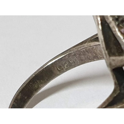 741 - Ornate .925 Silver Ring with Large Oval Shape Black Stone and Ring of Clear Stones, Total Weight 9.4... 