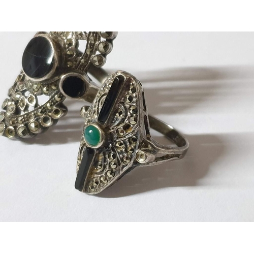 742 - 2 x Decorative Vintage .925 Silver Rings; 1 x  with Black and Clear Stones and 1 x with Green Black ... 