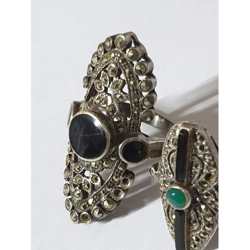 742 - 2 x Decorative Vintage .925 Silver Rings; 1 x  with Black and Clear Stones and 1 x with Green Black ... 