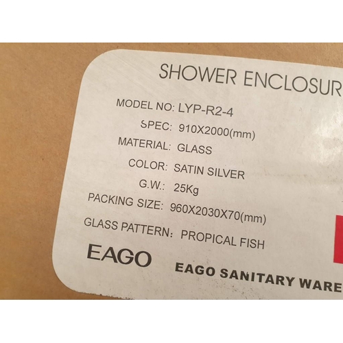 748 - Eago Bi-Folding Glass Shower Door (91 x 200cm) in Satin Silver Frame with Tropical Fish Design (Mode... 