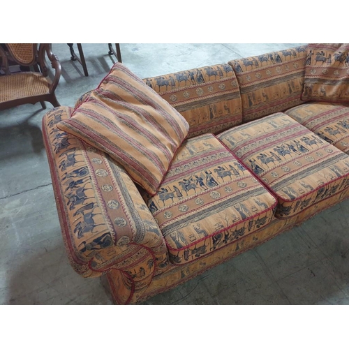 563 - 3 - Seater Sofa with Egyptian Pattern Fabric, Scroll Arms and 2 x Cushions (H:74cm x W:87cm x L:250c... 