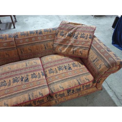 563 - 3 - Seater Sofa with Egyptian Pattern Fabric, Scroll Arms and 2 x Cushions (H:74cm x W:87cm x L:250c... 
