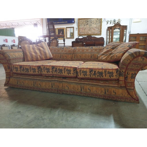 563 - 3 - Seater Sofa with Egyptian Pattern Fabric, Scroll Arms and 2 x Cushions (H:74cm x W:87cm x L:250c... 
