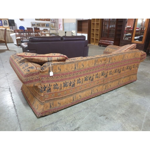 563 - 3 - Seater Sofa with Egyptian Pattern Fabric, Scroll Arms and 2 x Cushions (H:74cm x W:87cm x L:250c... 