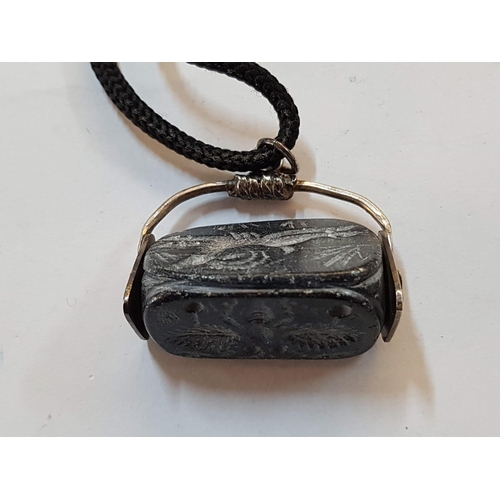 581 - Silver Colour Pendant with Rotating Black Stone, on Rope Necklace
