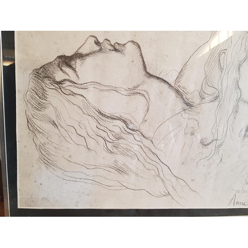 582 - Vintage Framed Print of Two Female Heads with Stamp
