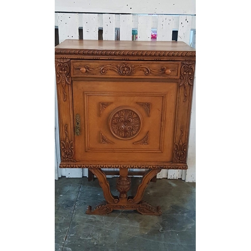 672 - Vintage Continental Drinks Cabinet / Bar with Decorative Carved Front, Drawer and Mirrored Cupboard,... 