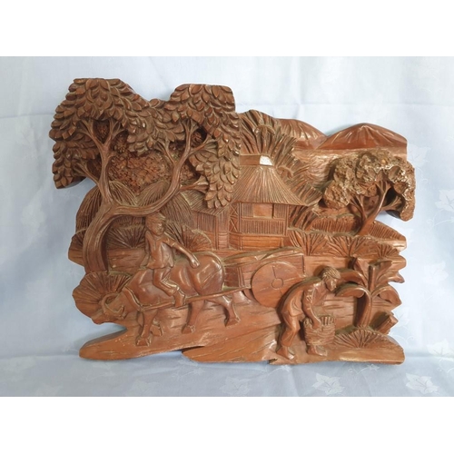 109 - Vintage Solid Wood Carved Chinese Village Scene Wall Hanging Artwork (Approx. 46 x 37cm)
