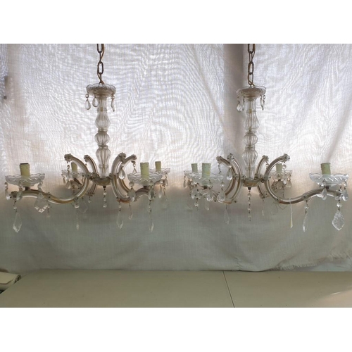 128 - Pair of Vintage 4-Arm / 4-Spot Chandeliers with Decorative Glass Centre & Cups and Hanging Crystals ... 