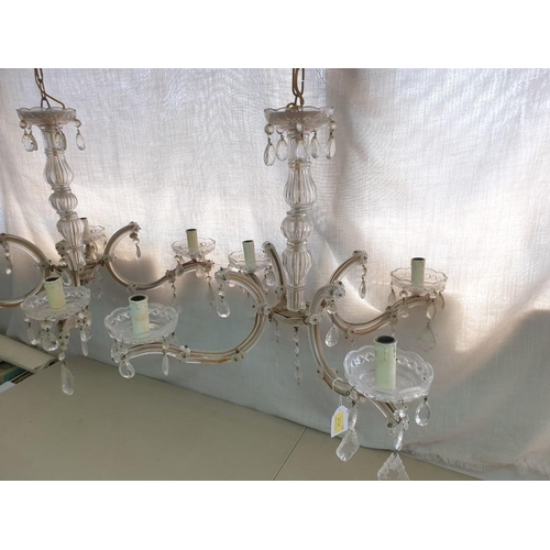 128 - Pair of Vintage 4-Arm / 4-Spot Chandeliers with Decorative Glass Centre & Cups and Hanging Crystals ... 