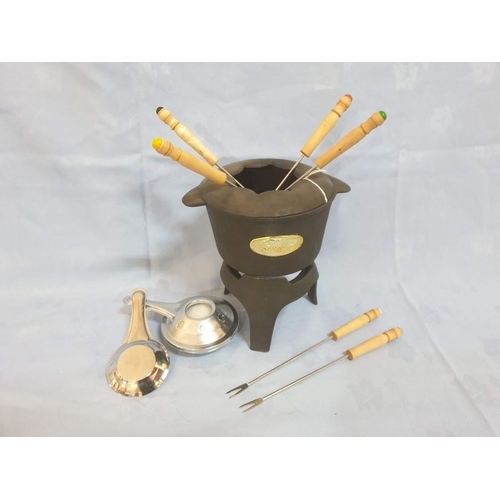 158 - Cast Iron Fondue with Stand, 6 x Long Forks and Burner