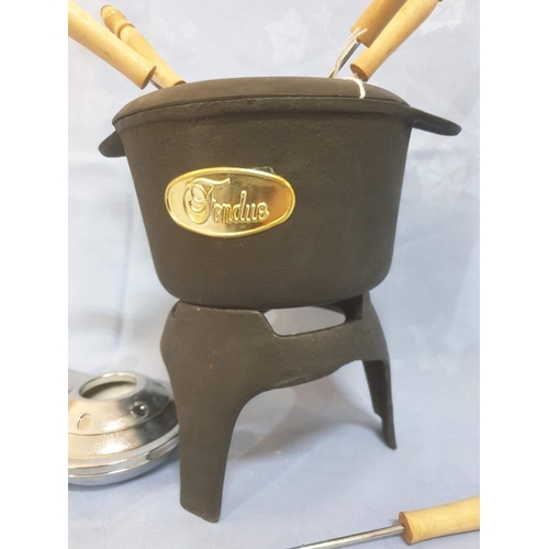 158 - Cast Iron Fondue with Stand, 6 x Long Forks and Burner