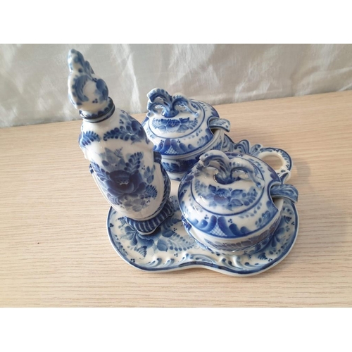 35 - Russian Porcelain Condiment Set in Blue & White Pattern; Shapely Tray with 2 x Lidded Pots, Matching... 