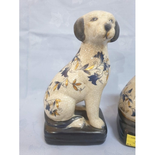 58 - Pair of Porcelain Dog Figurines with Blue & Gold Floral Decoration (Approx. H: 20cm), (2)