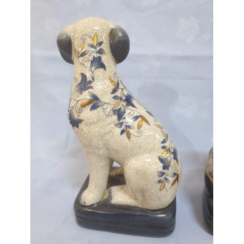 58 - Pair of Porcelain Dog Figurines with Blue & Gold Floral Decoration (Approx. H: 20cm), (2)