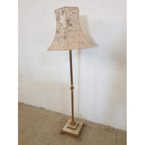 69 - Vintage Brass and Onyx Standard Lamp with Patterned Shade and Claw Feet (Overall Approx. 170cm)
