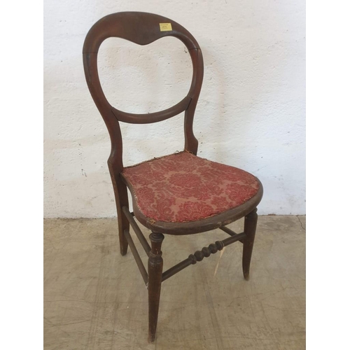 76 - Antique Balloon Back Dining Chair with Red Patterned Fabric Seat (A/F)