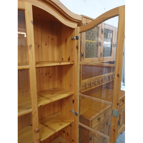 23 - Pine Display Cabinet with Arched Top, Pair of Glazed Doors and 4-Open Pine Shelves and Lower Closed ... 