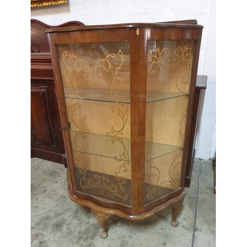 24 - Vintage Display Cabinet with Fabric Backing, 2 x Glass Shelves, Patterned Glass Door and Angled Side... 